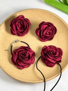 4 件套女士复古哥特式黑玫瑰花朵颈链、缎玫瑰绳项链、手链和耳环首饰套装（配白垫耳塞或透明耳塞，防止针刺破包装袋，以实物为准）情人节 - 酒紅色 - 查看 2