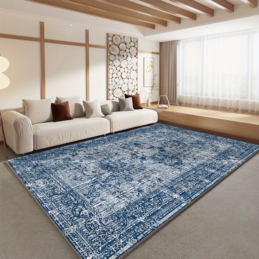 1pc Boho Soft Area Carpert Blue Shabby Chic Distressed NonShedding Living Room Bedroom Runner Rug Machine Washable Entrance Door Living Room Office Decor Rug Mat - Blue - View 1