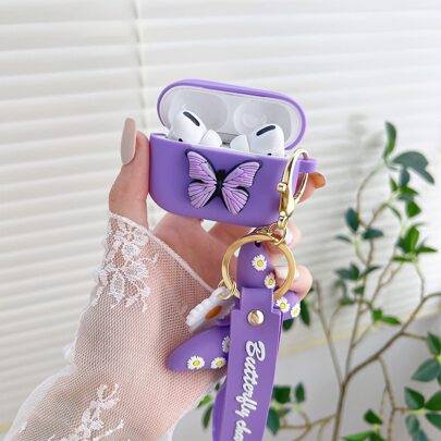 1pc Cute Cartoon Butterfly AirPod Case Silicone Protective Cover With Keychain For Women