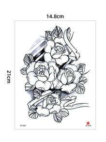 暫時性紙質刺青貼紙,1張性感防水玫瑰花設計,女性大腿花紋假紋身,逼真的身體藝術貼紙,適用於女孩和女性 - 黑色 - 查看 7