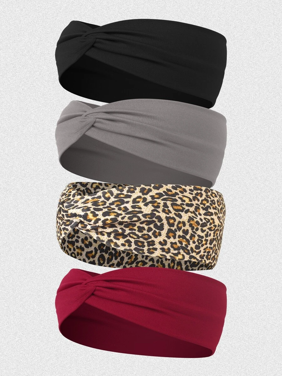 4条/套纯色豹纹弹力交叉发带，适合女性日常佩戴，休闲发带，头巾，吸汗带，校园用品，大学秋冬季发饰，女士度假装扮，优雅围巾，女士头巾，柔软头巾 - 彩色 - 查看 1