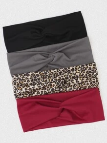 4条/套纯色豹纹弹力交叉发带，适合女性日常佩戴，休闲发带，头巾，吸汗带，校园用品，大学秋冬季发饰，女士度假装扮，优雅围巾，女士头巾，柔软头巾 - 彩色 - 查看 3