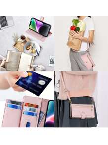 keyunfei Pink Zipper Wallet Phone Case With Magnetic Buckle, Multi-Card Slot, Shoulder Strap, Wrist Strap, Stand Function, Applicable Compatible With Apple 16/Galaxy/Redmi Note13/12C/13C/Poco X3/Honor X8A/X/16E