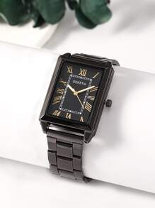 黑色不銹鋼錶帶時尚方形男士石英日曆手錶,適合日常穿戴裝飾 - 黑色 - 查看 3