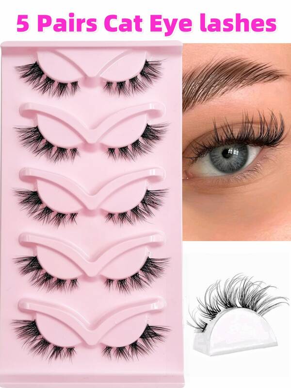 5 Pairs False Lashes Cluster Lashes Cat Eye Look 15mm Tail Elongated Eyelashes Faux Mink Lashes Fox Eye Eyelashes Makeup Extensions Eyelashes