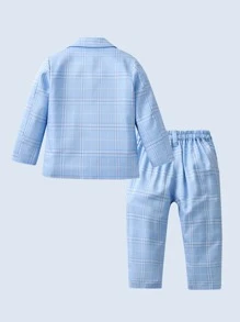 BOARNSEORL 2 件套男婴西装套装，随机配蓝色格子西装裤，适合婚礼、宴会、生日、派对、正式活动 - 淺藍色 - 查看 2