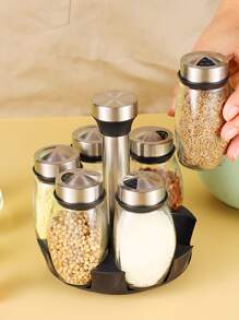 Set Of 7 Swivel Base Spice Shakers, Stainless Steel Salt And Pepper Holder With 360° Swivel Stand Sauce Dispenser - Premium Glass Condiment Set For Kitchen, Tabletop - Black - View 3