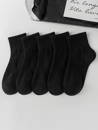 5 Pairs Black Socks, Solid Color Socks, Korean Style Mid-Calf Socks, Versatile For Summer And Autumn/Winter, Unisex Sports Socks, Couple Socks