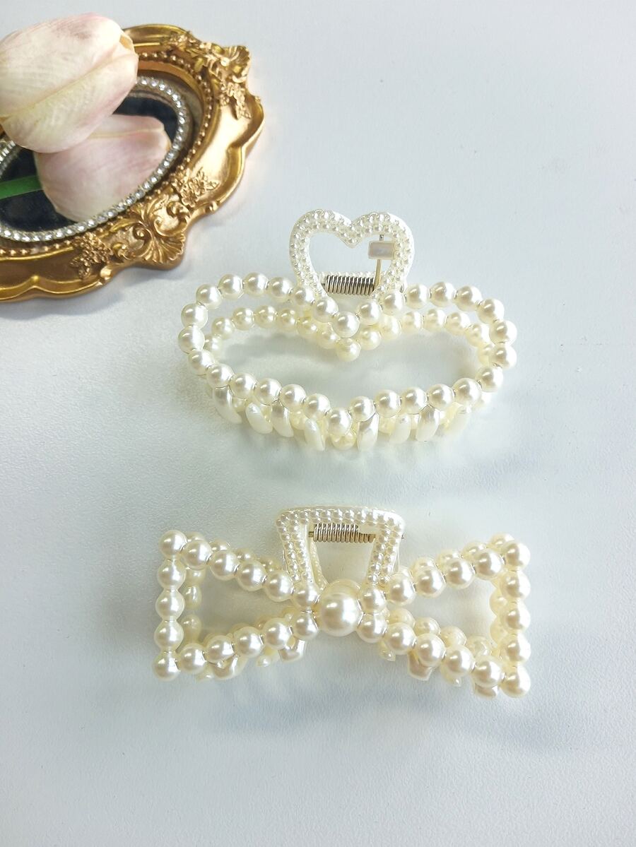 2 件女士仿珍珠发夹清新简约珍珠抓夹浴盘发夹简约可爱女生顶夹发饰，适合日常生活 - 米色 - 查看 1