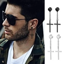 10pairs Magnetic Stud Earrings For Men Stainless Steel Magnetic Earrings, Non-Piercing Cross Dangle Hoop Earrings Unisex Gauges Clip On Earring CZ Magnet Earring Set - Black - View 3