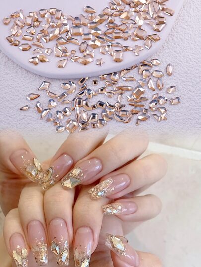 100 قطعة من الراين ذات الشكل غير المتماثل باللون الشمبانيا، سهلة الالتصاق، مناسبة لزخرفة الأظافر في العطلات، إكسسوارات أظافر DIY، أحجار الأظافر، لوازم الأظافر