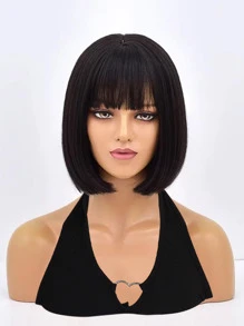 合成纖維短直筒黑色女士波波頭假髮帶鈍劉海適用於日常派對使用和1入組假髮帽 - 黑色 - 查看 1