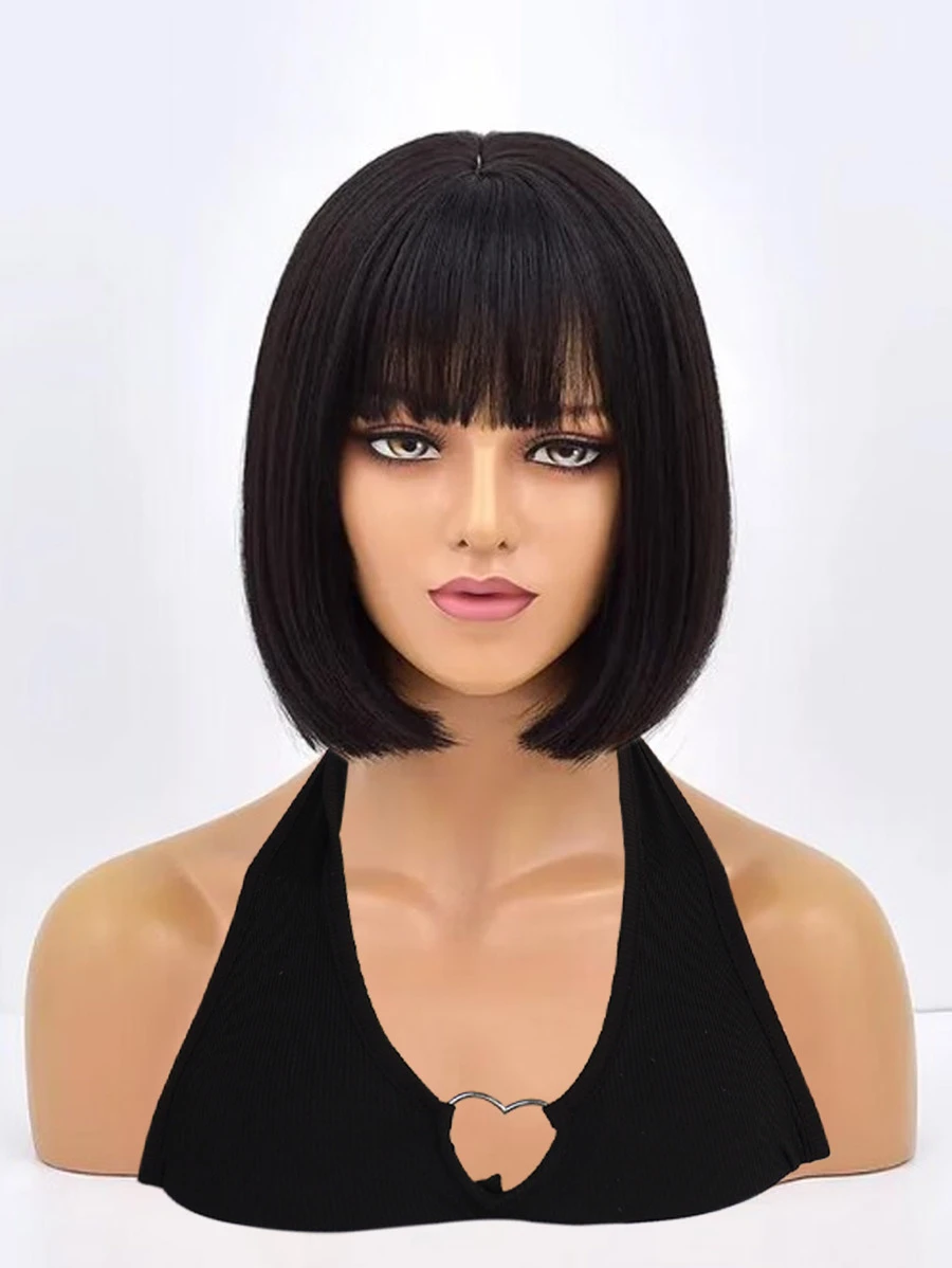 合成纖維短直筒黑色女士波波頭假髮帶鈍劉海適用於日常派對使用和1入組假髮帽 - 黑色 - 查看 1