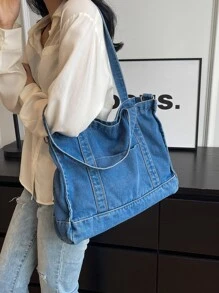 low tea Solid Color Denim Portable Zipper Closure Fashion Tote Bag Suitable For Daily Use. Can Be Used As A Women's Handbag, Denim Tote, Shoulder Bag, Crossbody Bag, Or Purse. Suitable For School, Office, And Travel. - Baby Blue - View 6