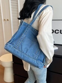 low tea Solid Color Denim Portable Zipper Closure Fashion Tote Bag Suitable For Daily Use. Can Be Used As A Women's Handbag, Denim Tote, Shoulder Bag, Crossbody Bag, Or Purse. Suitable For School, Office, And Travel. - Baby Blue - View 5