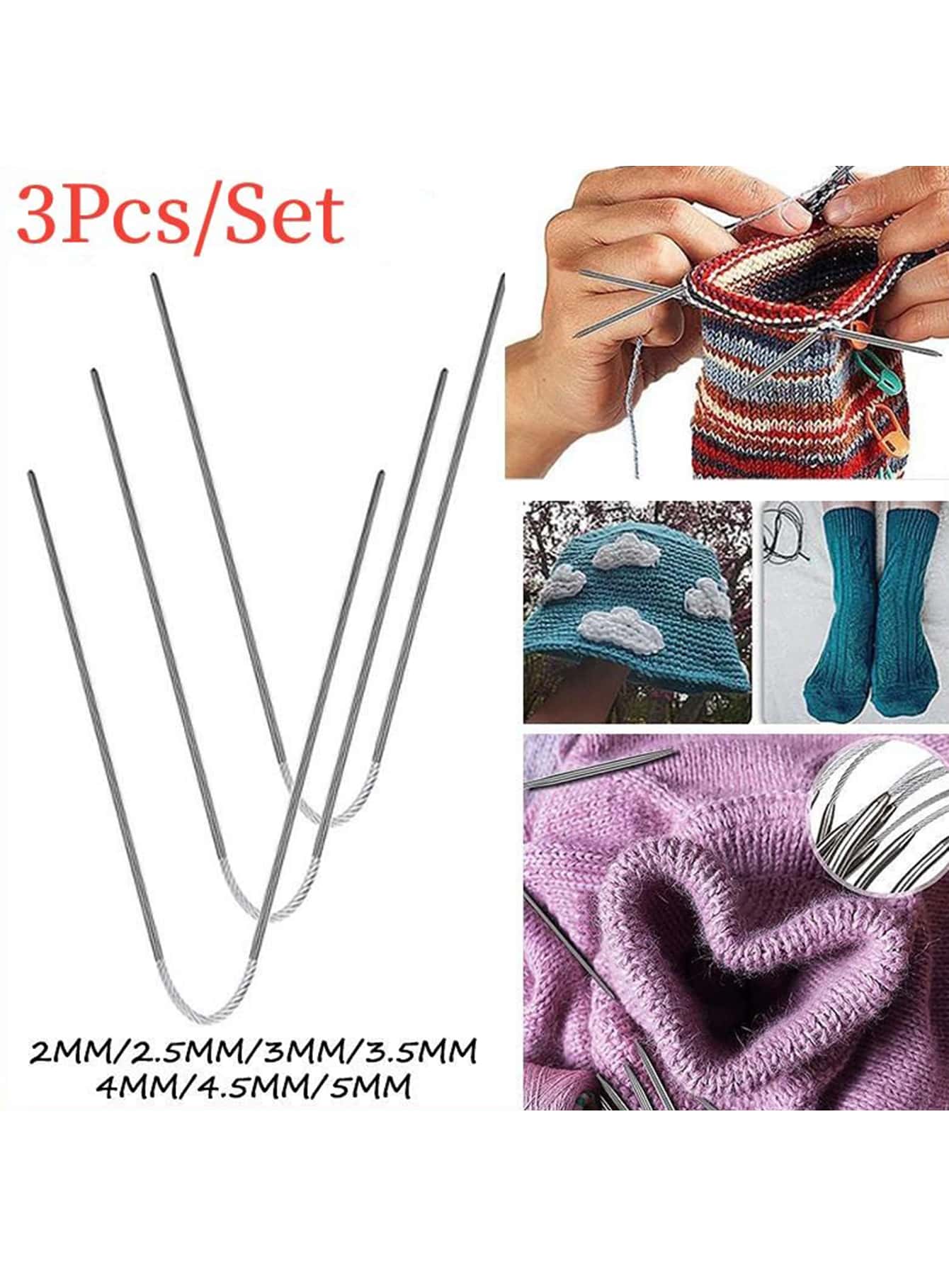 3pcs Knitting Needles Knitting Tool,Stainless Steel Circular Flexible Sock Knitting Needles(2/2.5/3/3.5/4/4.5/5mm)