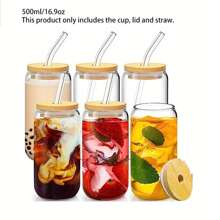 1 Set Glass Cups With Bamboo Lids And Glass Straw - Beer Can Shaped Drinking Glasses, 500ml/17 Oz Iced Coffee Glasses, Cute Tumbler Cup For Smoothie, Boba Tea, Whiskey, Water