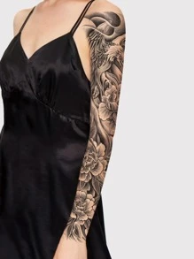 1入組充分手臂臨時紋身貼帶黑色花,鳥,鳳凰紋 - 黑色 - 查看 3