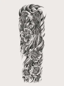 1入組充分手臂臨時紋身貼帶黑色花,鳥,鳳凰紋 - 黑色 - 查看 4