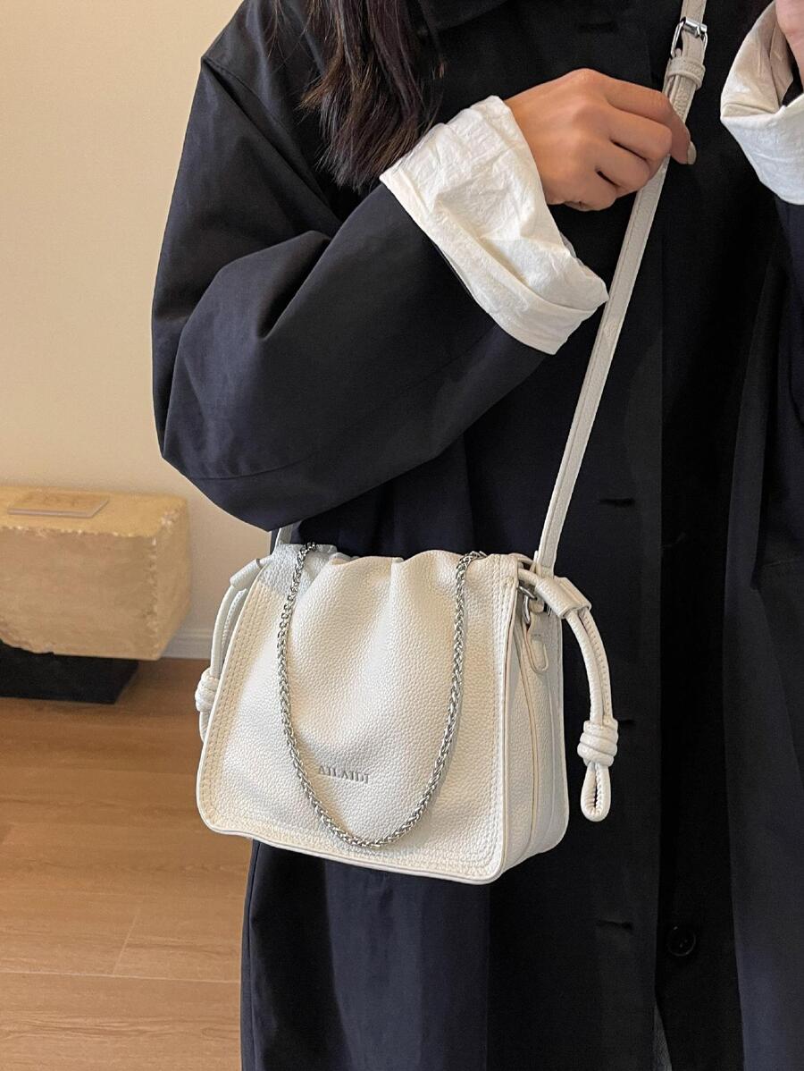 时尚简约小方形 PU 皮包，百搭休闲单肩包/斜挎包，面料舒适，磁性闭合，可调节可拆卸肩带，充足的存储空间，2025 年新款时尚水桶包设计 - 米色 - 查看 1