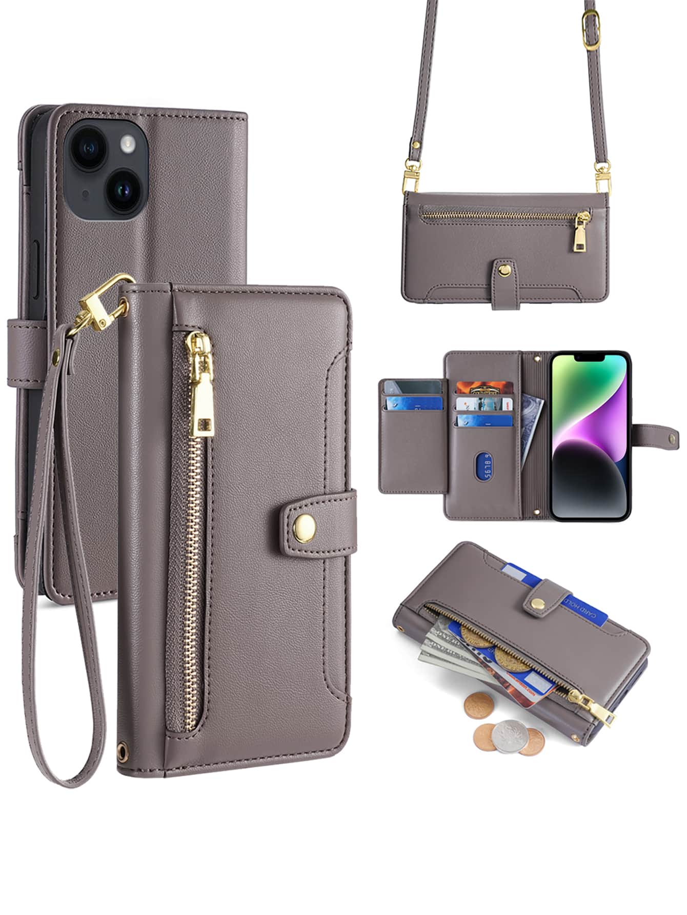 keyunfei 1 件灰色长带斜挎钱包，绵羊纹理，大容量拉链钱包，带卡槽，支架，手机壳适合 17/17 Pro、Honor、OnePlus、Apple、Redmi、Pixel 7a、Realme、OPPO、16/16E