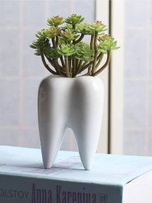 1pc White Ceramic Tooth Shaped Planter, Modern Home Art Decoration, Creative Household Flower Pot - White - View 2