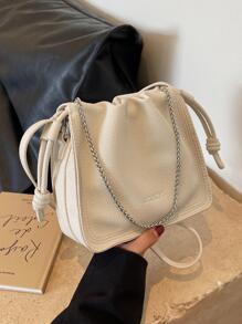 时尚简约小方形 PU 皮包，百搭休闲单肩包/斜挎包，面料舒适，磁性闭合，可调节可拆卸肩带，充足的存储空间，2025 年新款时尚水桶包设计 - 米色 - 查看 4