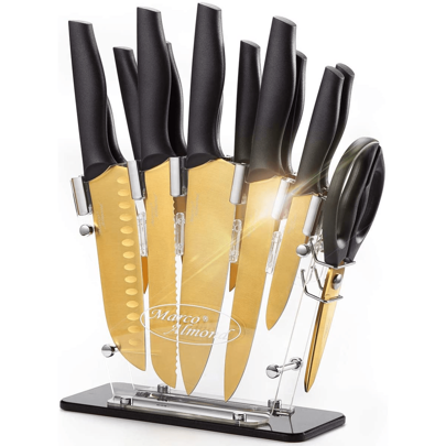 Marco Almond Golden Kinfe Set KYA23 14-Piece Dishwasher Safe Knife Set With Stand Kitchen Knives Stainless Steel