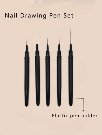 1 Set 5Pcs Black Plastic Drawstring Dotting Pen With Fine Line For Nail Art Liner Brushes Tiny Details Fine Drawing Nail Pen Painting Manicure Tools