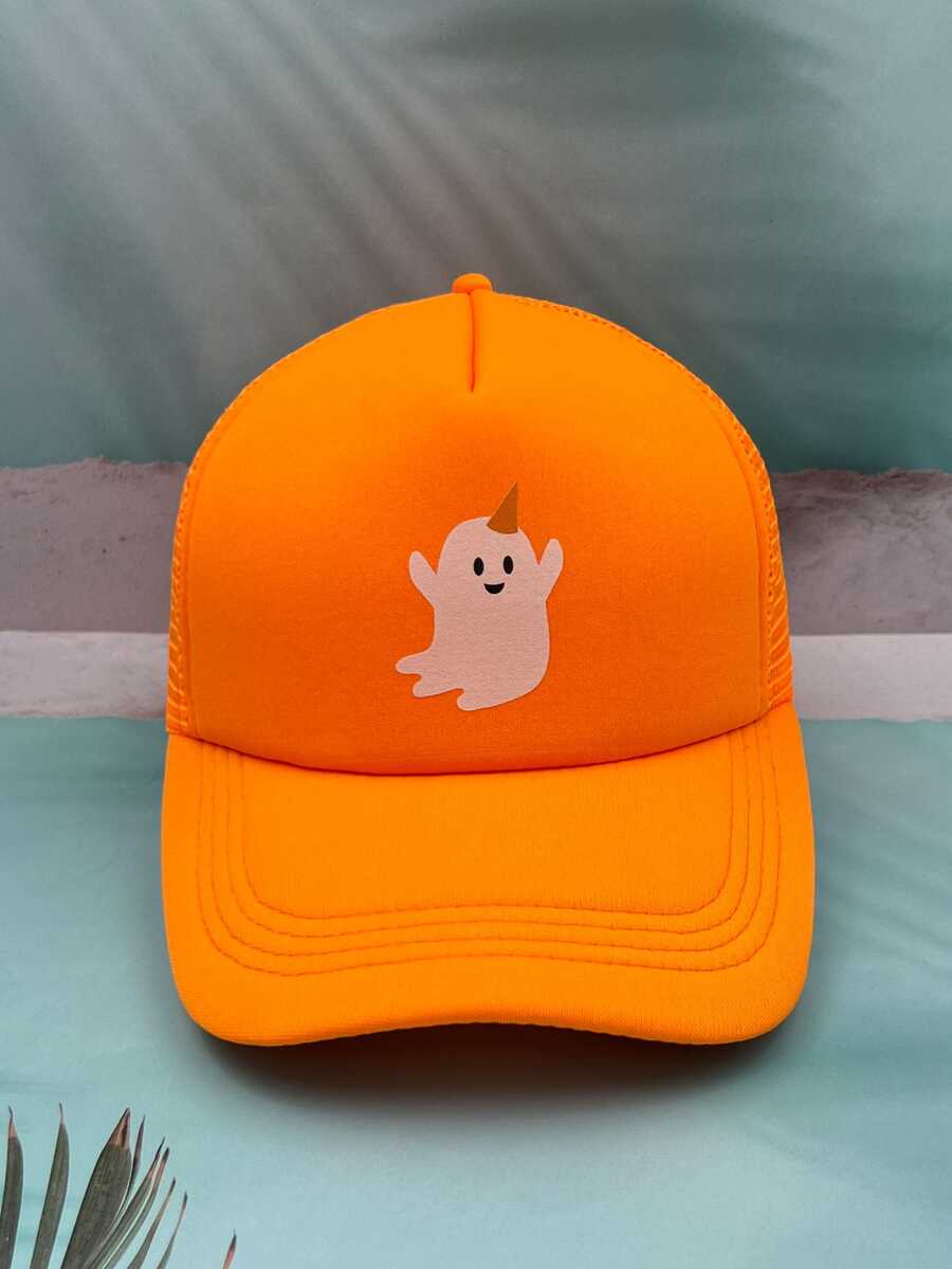 1 Pieza Gorra De Malla Con Diseño De Lindo Fantasma Unisex, Gorra De Béisbol De Color Calabaza Para Halloween - Naranja - Ver 1