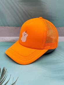 1 Pieza Gorra De Malla Con Diseño De Lindo Fantasma Unisex, Gorra De Béisbol De Color Calabaza Para Halloween - Naranja - Ver 2
