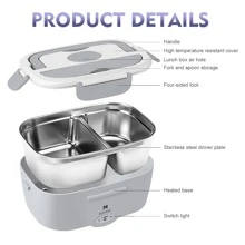65W Electric Bento Box For Car, Household Bento Box, Large Capacity Lunch Box With Fork Or Spoon, Bento Lunch Box For Adults, Food Storage Container - Gray White - View 7