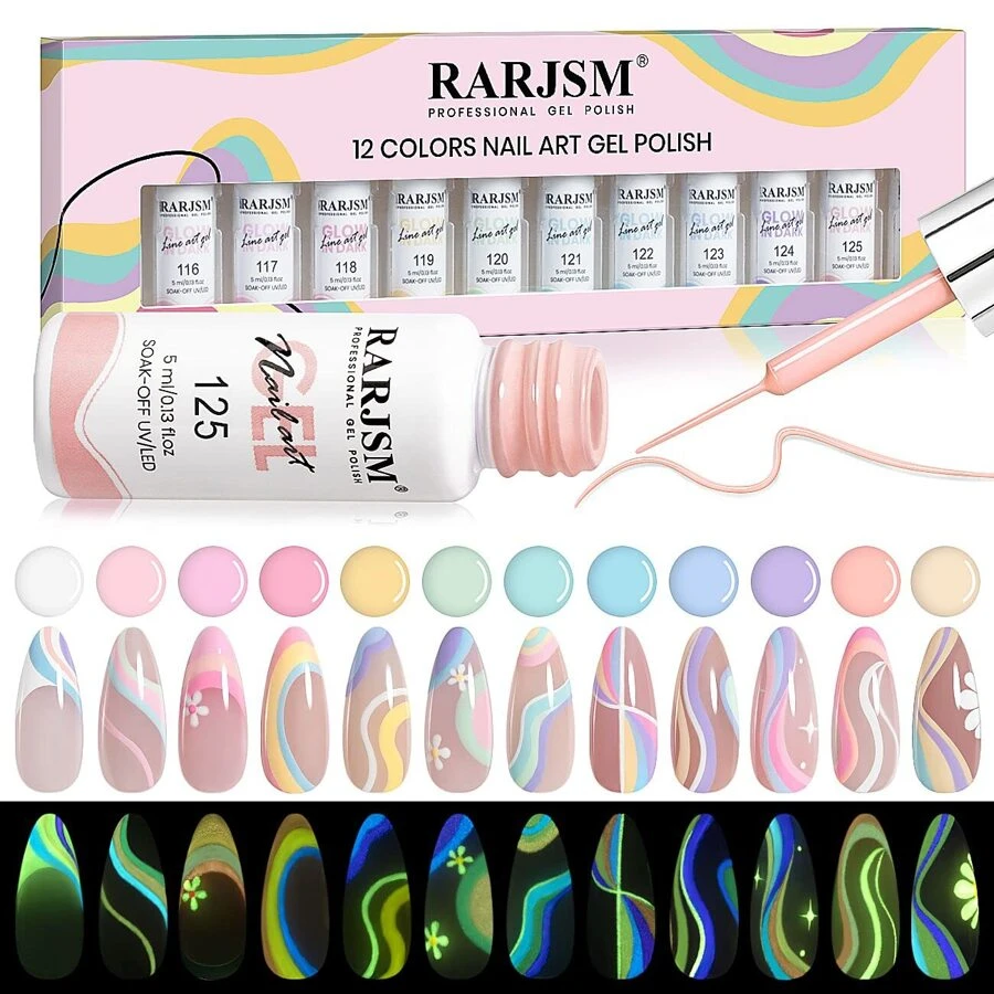 RARJSM Glow in The Dark Nail Art Gel Liner 12 Soft Pastel Colors Neon Green Blue Purple Pink Painting Luminous Gel Nail Polish Set UV LED Curing Requires Thin Nail Art Brush for Swirl Nails Design - Bộ phát sáng trong bóng tối - Xem 1