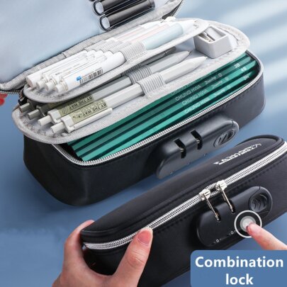 Estuche de lápices con candado de contraseña de lona negra, caja de almacenamiento de papelería de gran capacidad de 3 capas, caja de bolígrafo con contraseña multifuncional, útiles escolares y de oficina, bolsa