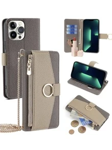 keyunfei 1pc Gray Metal Shoulder Strap Wallet Card Holder Stand Flip Cover Phone Case Compatible With Apple 17/17 Pro, Honor Magic Lite, OnePlus Nord CE3, Wish2, Apple 16/16E, A14, P20 Lite, Poco X5, Redmi Note 11 Pro, Pixel 3A, OPPO A16 - Grey - View 2