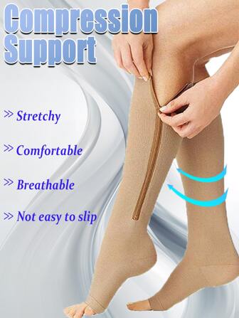 Zipper Copper Wellow Women Men Compression Socks Toeless Open Toe Footless Knee High Cute Sports Fit Daily/Office/Work/School