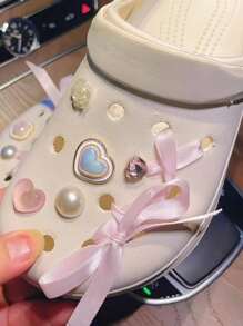 1set Sweet Ballet Style Pink Ribbon & Rhinestone Decor Shoe Clips For Girls