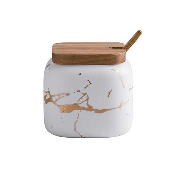 Marble Style Ceramic Sugar Jar, Condiment Box, Spice Jar With Lid And Spoon (white)
