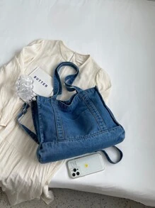 low tea Solid Color Denim Portable Zipper Closure Fashion Tote Bag Suitable For Daily Use. Can Be Used As A Women's Handbag, Denim Tote, Shoulder Bag, Crossbody Bag, Or Purse. Suitable For School, Office, And Travel. - Baby Blue - View 4