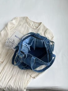 low tea Solid Color Denim Portable Zipper Closure Fashion Tote Bag Suitable For Daily Use. Can Be Used As A Women's Handbag, Denim Tote, Shoulder Bag, Crossbody Bag, Or Purse. Suitable For School, Office, And Travel. - Baby Blue - View 8