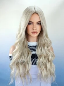長髮波浪白金色合成假髮,鉑金中心剪裁假髮,適合日常穿著 - 米色 - 查看 3