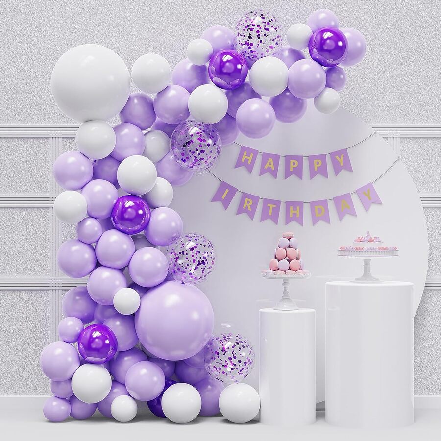 114 Piezas De Globos Tipo Macaron En Morado Y Blanco, Kit De Arco De Guirnalda De Flores De Globos En Morado Y Blanco, Globos En Lila Claro Y Blanco Para Decoración De Cumpleaños, Bodas Y Fiestas - Multicolor - Ver 1