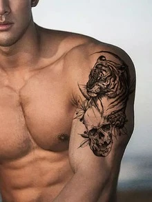 1pc Temporary Waterproof Skull & Tiger Water Transfer Tattoo Sticker For Unisex Men, Cool Fake Tattoo - Black - View 1