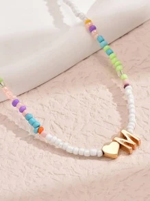 1件极简手工彩色串珠金色字母项链，A-Z 26个大写字母颈链，沙滩饰品，女孩礼物