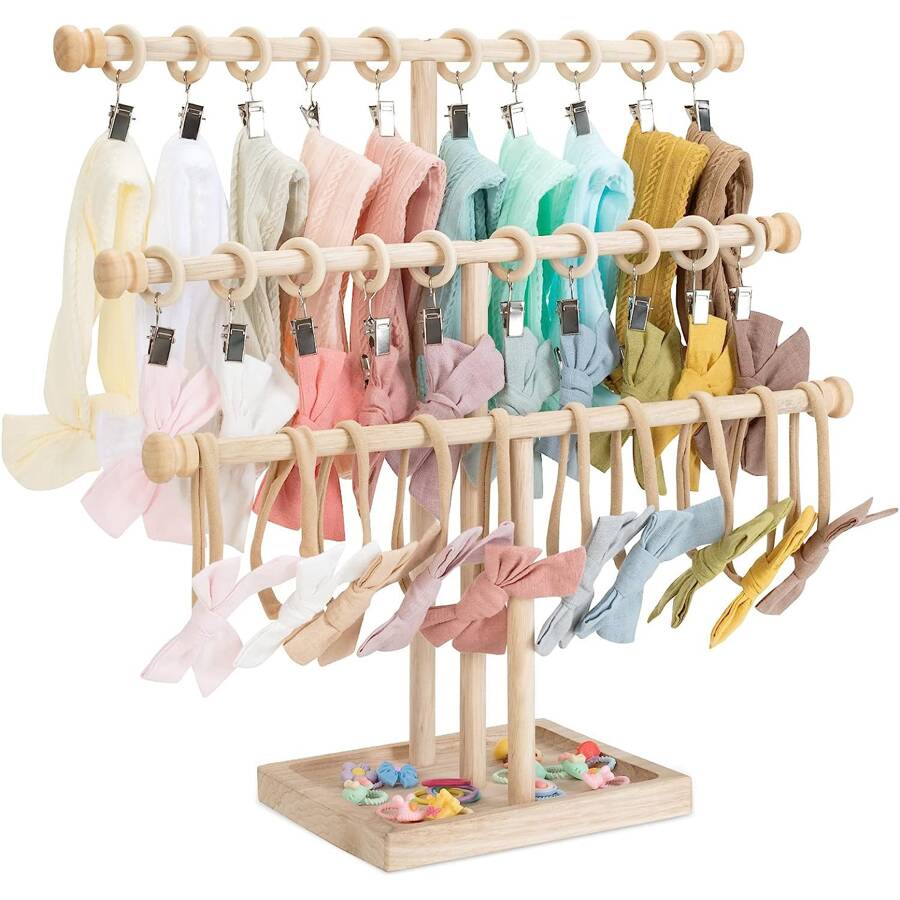 Oaoleer Headband Holder Stand Storage For Baby, 3 Tier Wooden Bow Organizer For Girls Hair Bows, Infant Hair Accessories Rack Display For Nursery Room Decor Love Valentine - Beige - View 1