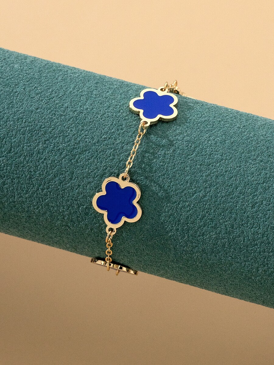 1入組金屬質感花,幾何形狀&幸運草設計手鏈帶人造油灑,簡約風哥特式,充分的氛圍,完美適用於返校&萬聖節宴會 - 藍色 - 查看 1