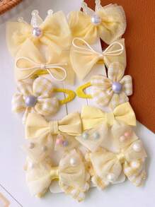 10pcs Sweet & Lovely Crown & Bowknot & Faux Pearl Decor Hair Clips Set, For Christmas - Yellow - View 2