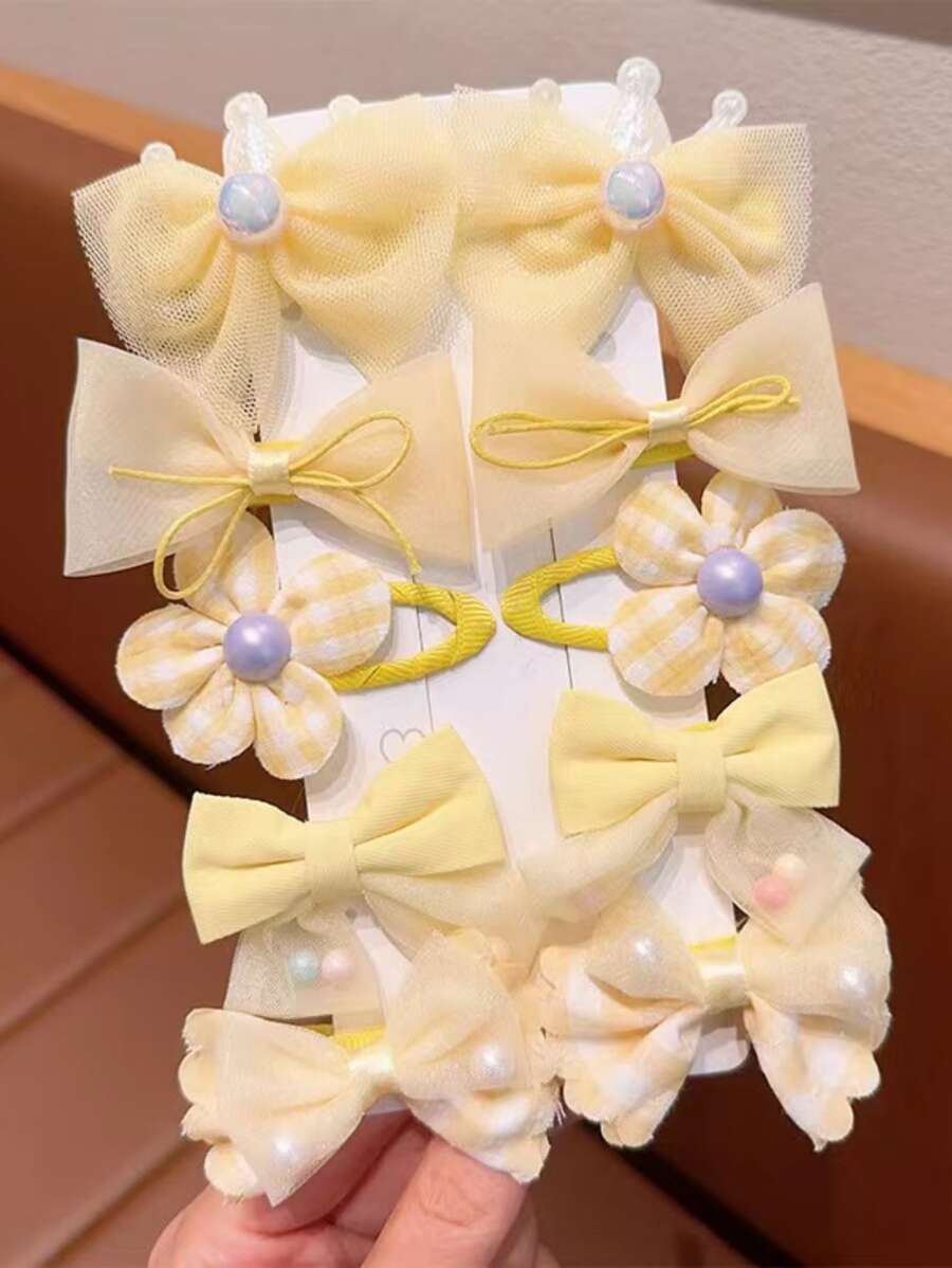 10pcs Sweet & Lovely Crown & Bowknot & Faux Pearl Decor Hair Clips Set, For Christmas - Yellow - View 1