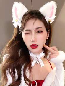 1 Pieza Diadema De Moda Para Mujeres Blancas Con Diseño De Moño, Campana Y Orejas De Gato De Imitación De Piel De Conejo, Adecuada Para Fiestas Y Uso Diario - Blanco - Ver 2