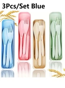 Du lịch Bộ Dụng cụ Với Hộp lưu trữ - Có thể tái sử dụng Cái thìa Dao Nĩa Đối với Dã ngoại , Cắm trại & Sử dụng hàng ngày ( Xanh ) - Màu xanh lam - Xem 1